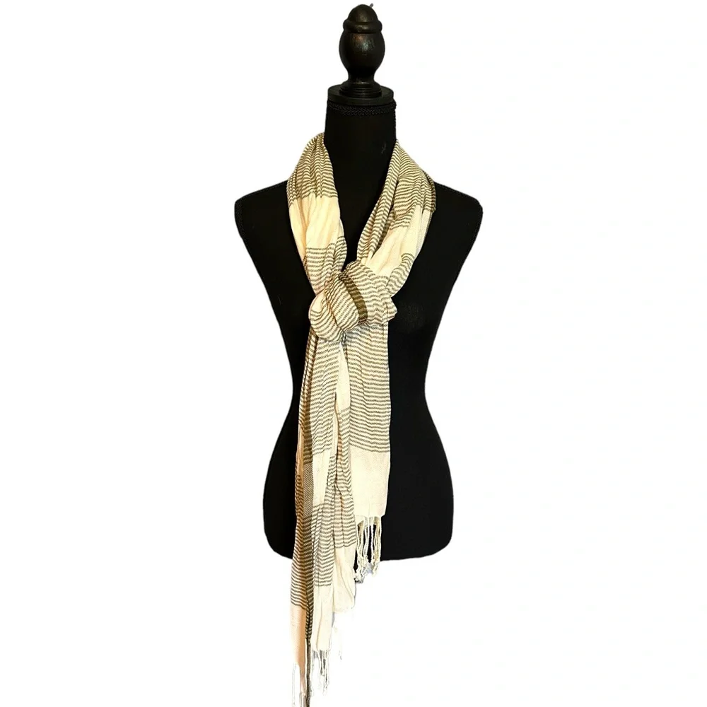 Maurices Cream Olive Stripe Lightweight Fringe Scarf Wrap Shawl Boho Coastal
